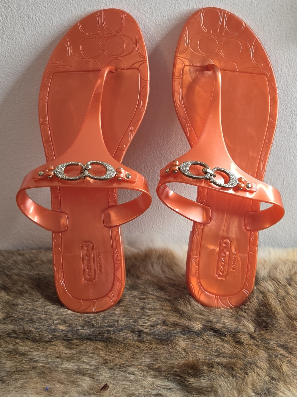 Coach Women's Orange Jelly Thong Sandals with Signature Hardware Size 10